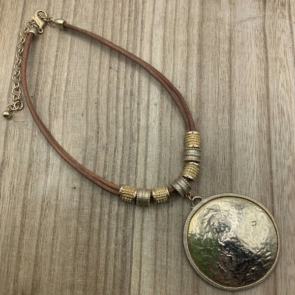 Chico's Hammered Pendant Sliding Charms Gold Tone Suede Cord Necklace - Picture 2 of 8